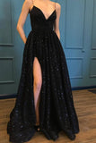 Spaghetti Strap Black Sparkle Popular Long Prom Dresses Evening Dresses TP0815