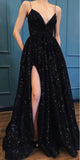 Spaghetti Strap Black Sparkle Popular Long Prom Dresses TP0815 - Tirdress