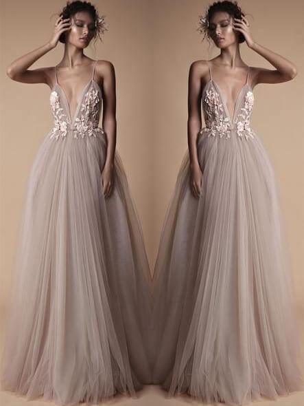 Spaghetti Strap Deep V Neck Beach Wedding Dresses With Applique TN193 - Tirdress