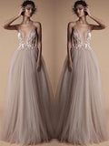 Spaghetti Strap Deep V Neck Beach Wedding Dresses With Applique TN193 - Tirdress