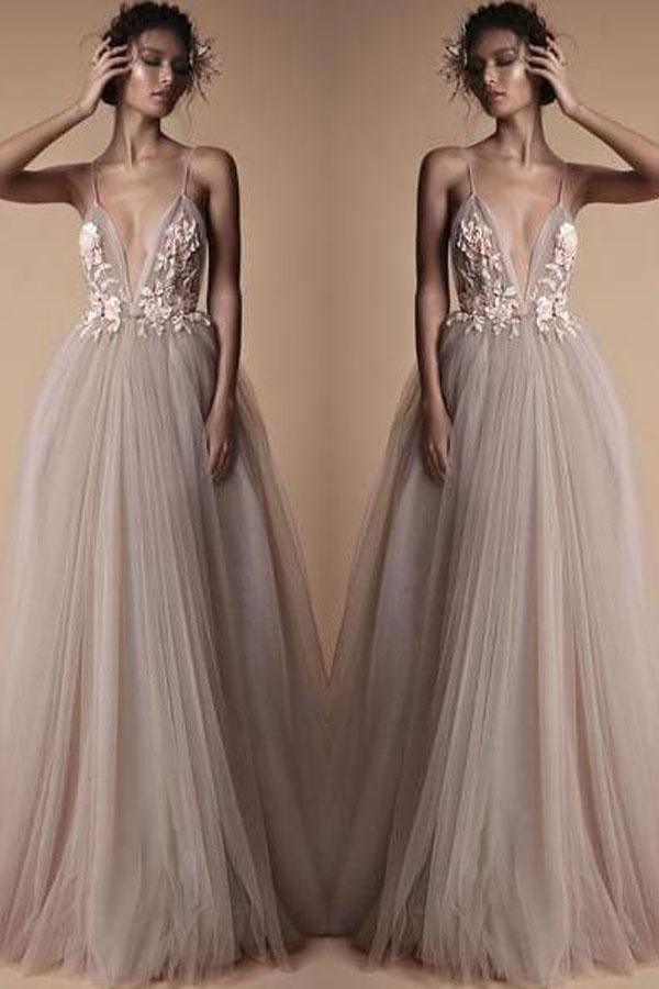 Spaghetti Strap Deep V Neck Beach Wedding Dresses With Applique TN193 - Tirdress