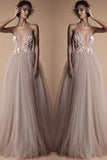 Spaghetti Strap Deep V Neck Beach Wedding Dresses With Applique TN193 - Tirdress