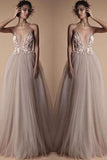 Spaghetti Strap Deep V Neck Beach Wedding Dresses With Applique TN193