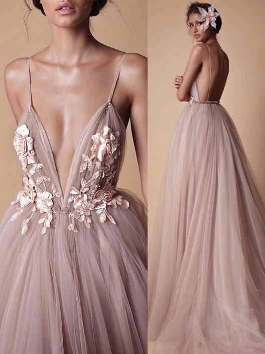 Spaghetti Strap Deep V Neck Beach Wedding Dresses With Applique TN193 - Tirdress