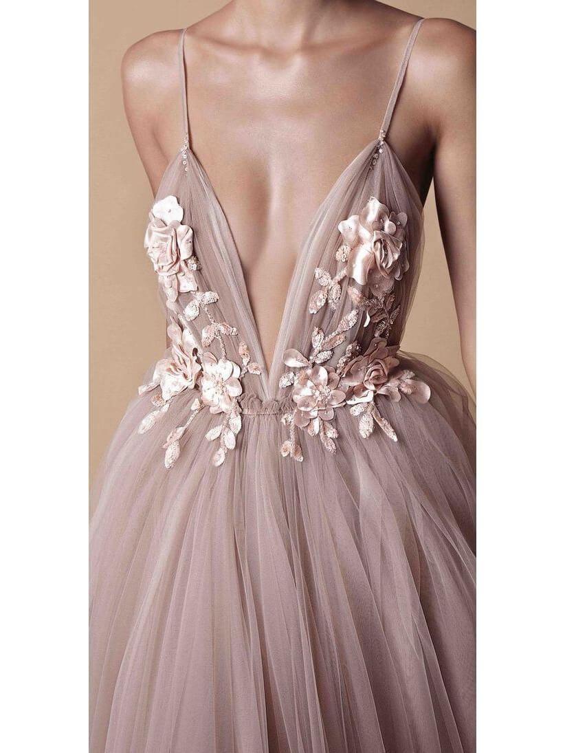 Spaghetti Strap Deep V Neck Beach Wedding Dresses With Applique TN193 - Tirdress