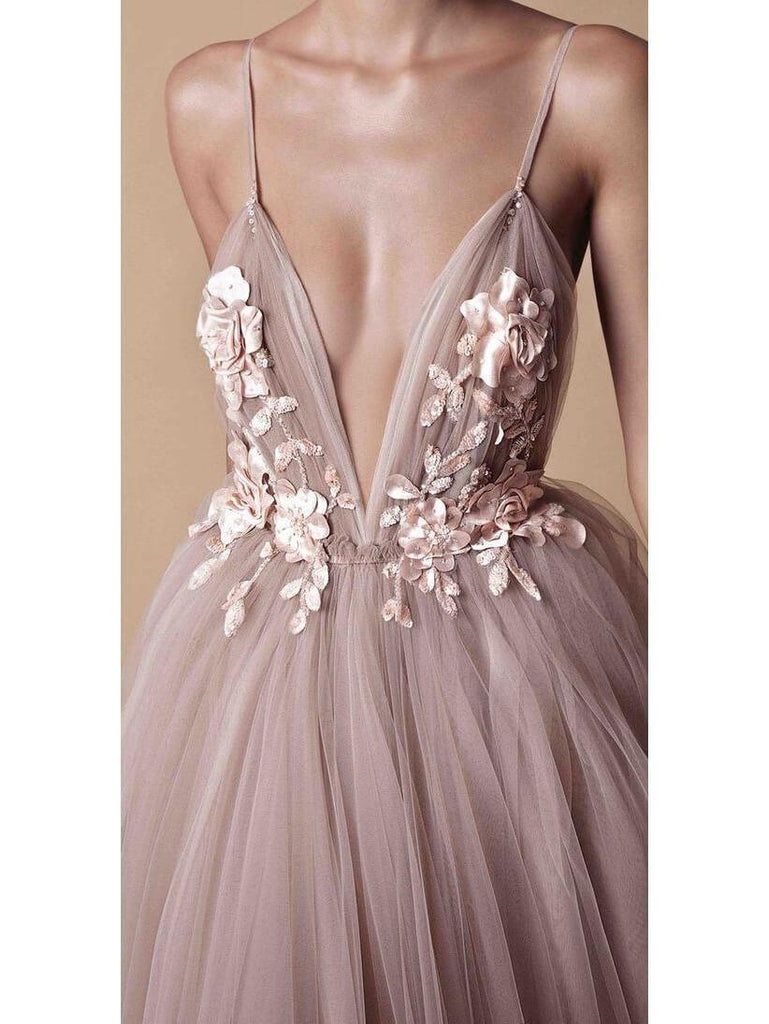 Spaghetti Strap Deep V Neck Beach Wedding Dresses With Applique TN193 - Tirdress