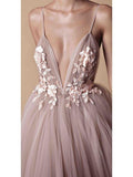 Spaghetti Strap Deep V Neck Beach Wedding Dresses With Applique TN193 - Tirdress