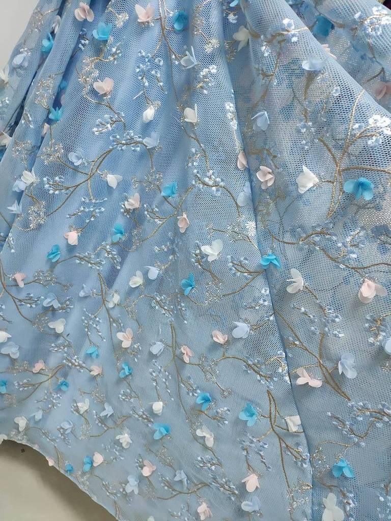 Spaghetti Strap 3D Flower Applique Sky Blue Prom Dresses Ball Gowns TP0820 - Tirdress