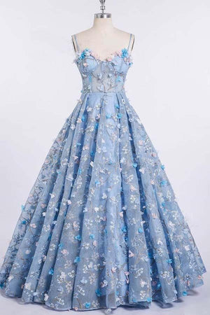 Spaghetti Strap 3D Flower Applique Sky Blue Prom Dresses Ball Gowns TP0820 - Tirdress