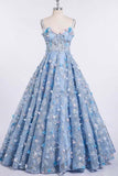 Spaghetti Strap 3D Flower Applique Sky Blue Prom Dresses Ball Gowns TP0820
