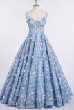 Spaghetti Strap 3D Flower Applique Sky Blue Prom Dresses Ball Gowns TP0820 - Tirdress