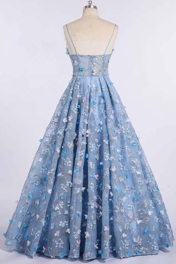 Spaghetti Strap 3D Flower Applique Sky Blue Prom Dresses Ball Gowns TP0820 - Tirdress