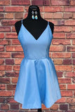 Spaghetti Strap V Neck Sky Blue Short Prom Dress Homecoming Dress HD0056