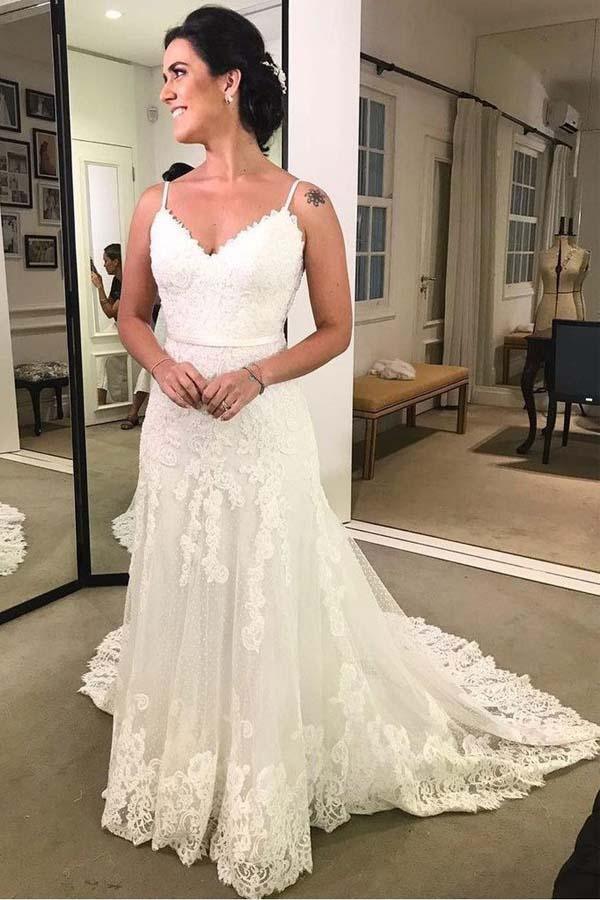 Spaghetti Strap Printed Backless Lace Beach Wedding Dresses with Sash TN198 - Tirdress