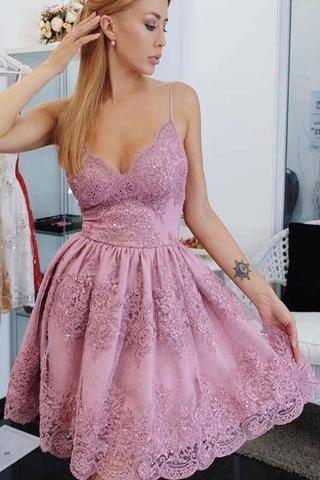 Spaghetti Strap Short A Line Homecoming Dresses with Lace Appliqes HD0034 - Tirdress