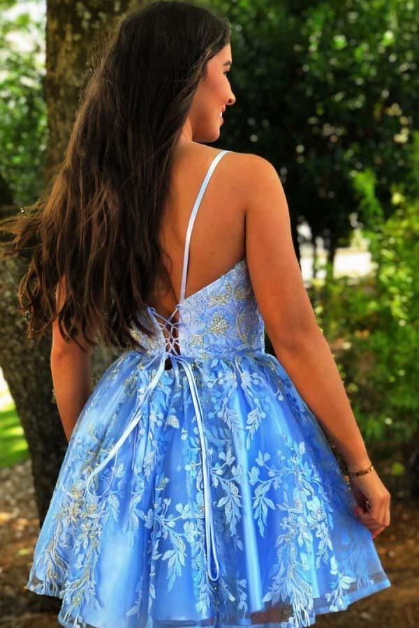 Spaghetti Straps Blue Criss-Cross Short Homecoming Dress With Appliques HD0123 - Tirdress