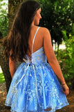 Spaghetti Straps Blue Criss-Cross Short Homecoming Dress With Appliques HD0123 - Tirdress