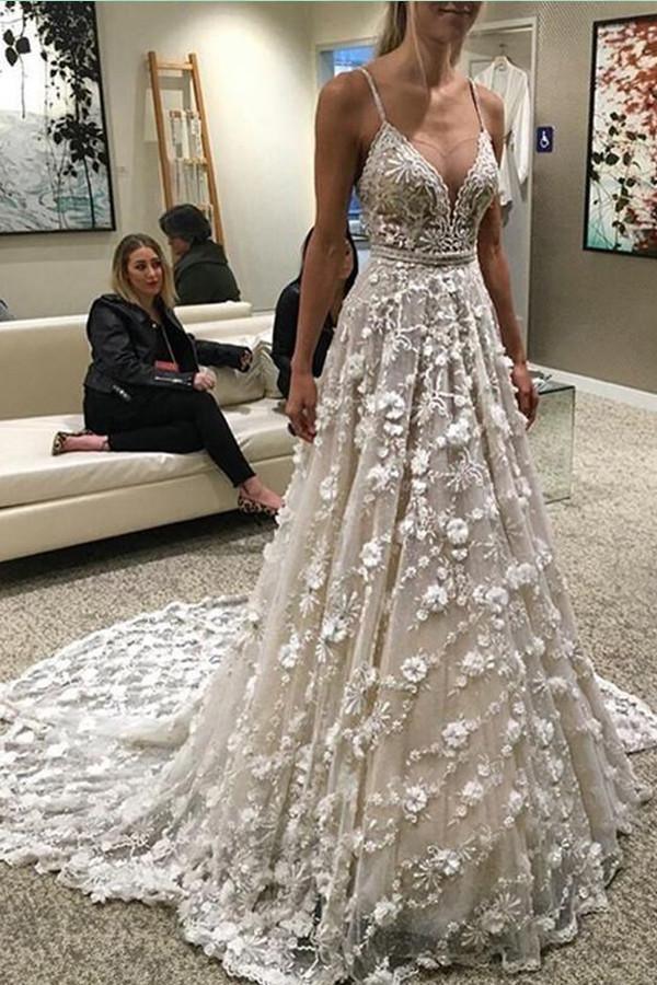 Spaghetti Straps Court Train Backless Wedding Dress With Beading Waist TN0067 - Tirdress