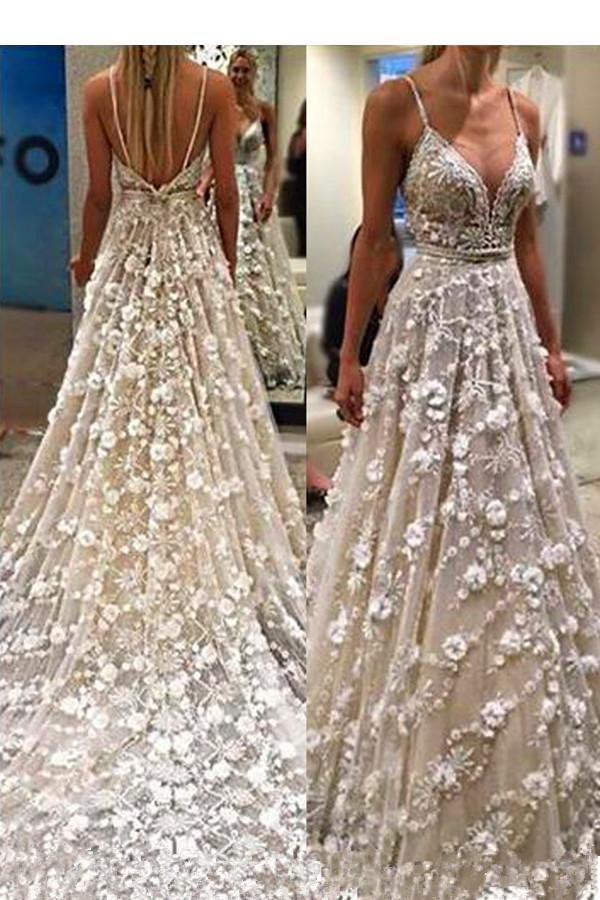 Spaghetti Straps Court Train Backless Wedding Dress With Beading Waist TN0067 - Tirdress