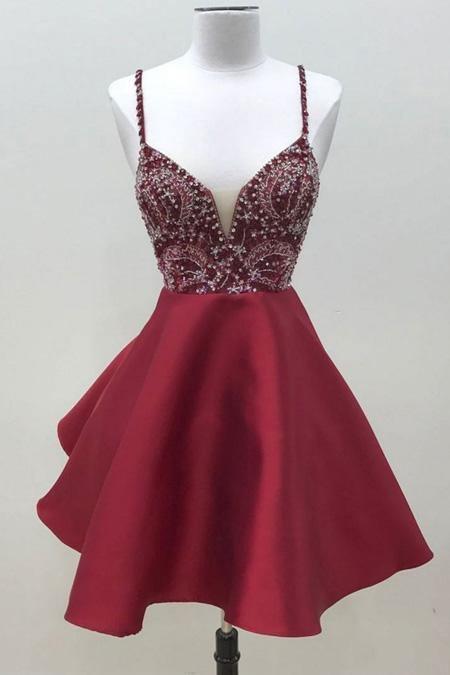 Spaghetti Straps Dark Red Short Prom Dress Homecoming Dress HD0096 - Tirdress