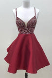 Bretelles spaghetti robe de bal courte rouge foncé robe de bal HD0096 