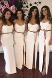 Spaghetti Straps Floor-Length Split Bridesmaid Dress with Sash  BD044