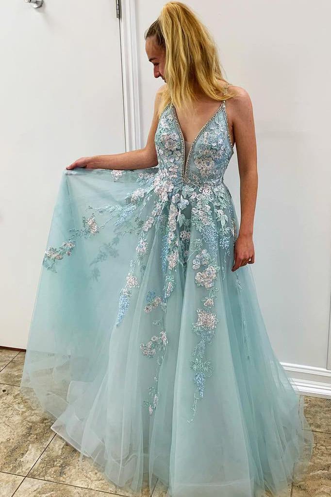 Spaghetti Straps Floral Appliques Long Prom Dress With Beading TP0863 - Tirdress