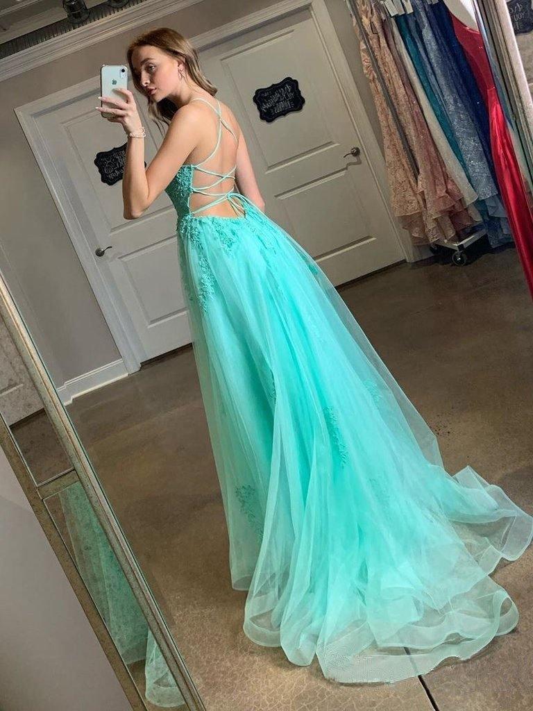 Spaghetti Straps High Slit Evening Dress Appliqued Sweep Train Long Prom Dress TP0967 - Tirdress