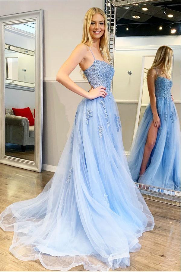 Straps Slit Evening Dress Appliqued Sweep Train Long Prom Dress TP0967 US8 / Sky Blue Straps Slit Evening Dress Appliqued Sweep Train Long Prom Dress TP0967 US8 / Sky Blue