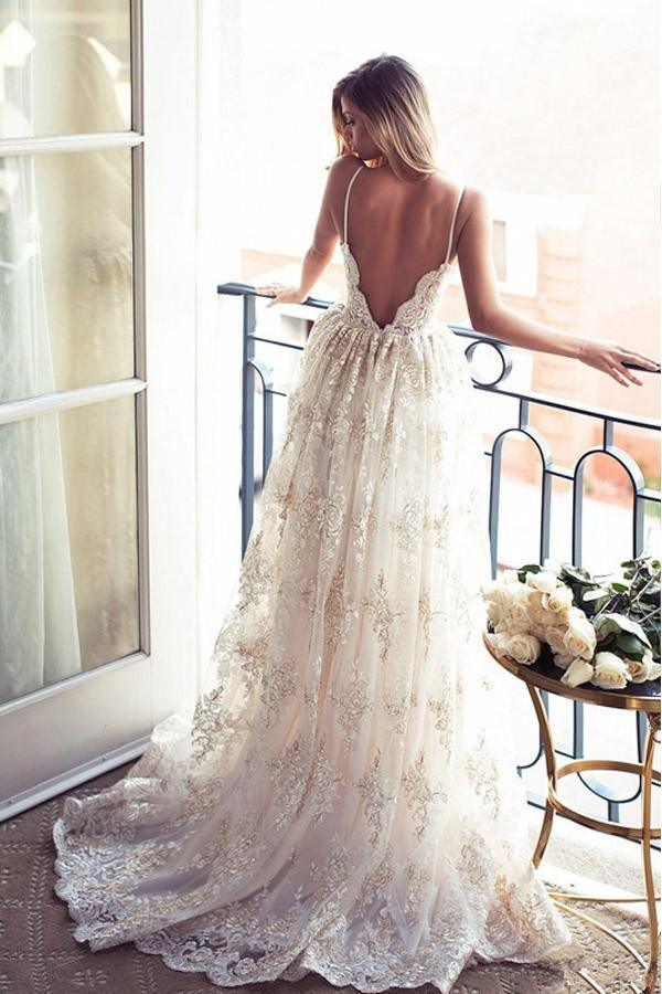 Spaghetti Straps Lace A-line Backless Wedding Dress Bridal Gowns US6 / As Picture