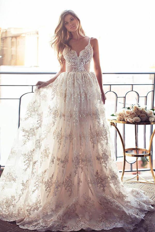 Spaghetti Straps Lace A-line Backless Wedding Dress Bridal Gowns PG378 - Tirdress