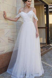 Spaghetti Straps Lace Dropped Sleeves Tulle A Line Beach Wedding Dress TN117 - Tirdress