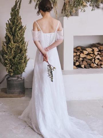 Spaghetti Straps Lace A Line Boho Beach Wedding Dress Simple Bridal Gown TN118 - Tirdress