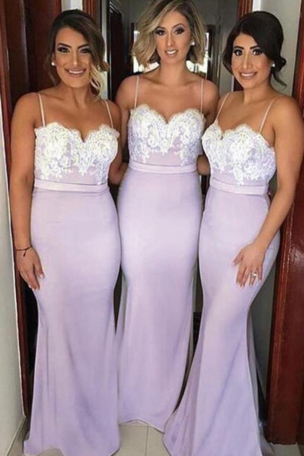 Spaghetti Straps Lavender Elastic Satin Bridesmaid Dress With Lace TY0023 - Tirdress