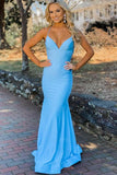 Spaghetti Straps Light Blue Satin Mermaid Simple Prom Dress TP1049 - Tirdress