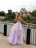 Spaghetti Straps Lilac Tulle Prom Dresses A-line Tiered Evening Gowns TP1003 - Tirdress