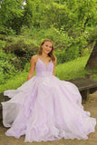 Spaghetti Straps Lilac Tulle Prom Dresses A-line Tiered Evening Gowns TP1003