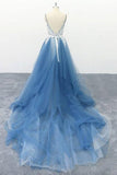 Spaghetti Straps A Line Ivory Appliqued Blue Tulle Prom Dresses TP0901 - Tirdress