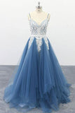 Spaghetti Straps A Line Ivory Appliqued Blue Tulle Prom Dresses TP0901