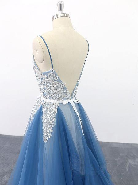 Spaghetti Straps A Line Ivory Appliqued Blue Tulle Prom Dresses TP0901 - Tirdress
