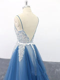 Spaghetti Straps A Line Ivory Appliqued Blue Tulle Prom Dresses TP0901 - Tirdress