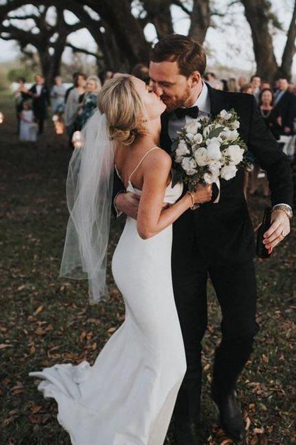 Spaghetti Straps Mermaid Backless V-Neck Beach Wedding Dresses TN173 - Tirdress