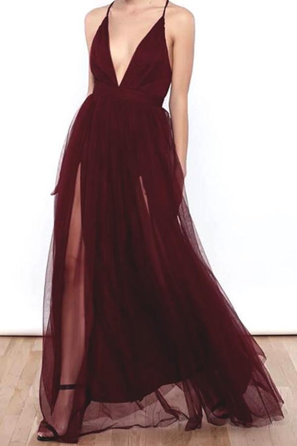 Spaghetti Straps Prom Dresses,Burgundy Prom Dress,Tulle Prom Dress,A Line Prom Dresses,Long Prom Gown TP0159 - Tirdress
