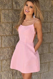 Spaghetti Straps Short Pink Cheap Homecoming Dress With Criss Back HD0128