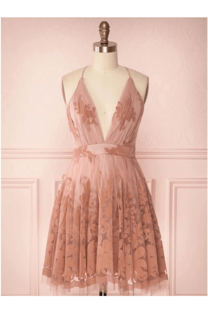 Spaghetti Straps Short Pink Homecoming Dress Criss Cross Back HD0095 - Tirdress