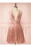 Spaghetti Straps Short Pink Homecoming Dress Criss Cross Back HD0095 - Tirdress