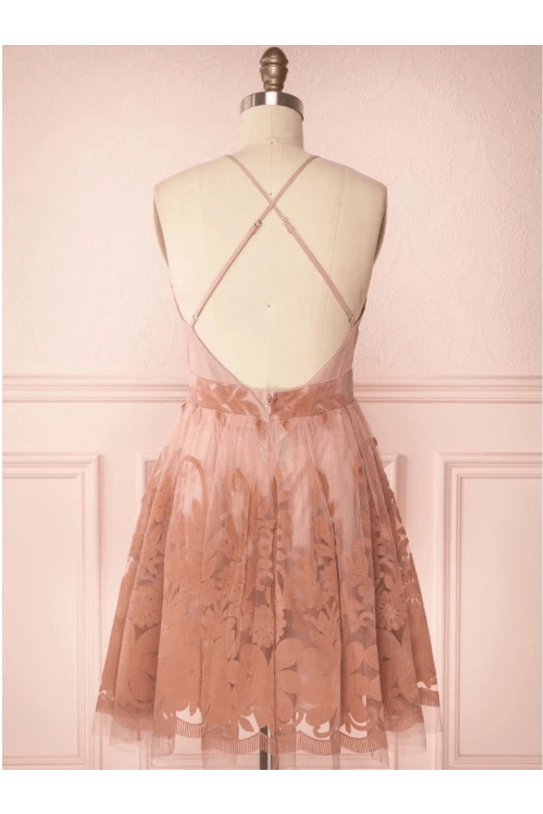 Spaghetti Straps Short Pink Homecoming Dress Criss Cross Back HD0095 - Tirdress