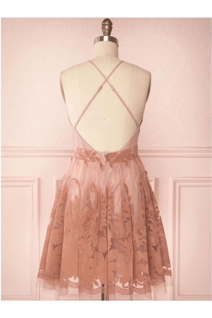 Spaghetti Straps Short Pink Homecoming Dress Criss Cross Back HD0095 - Tirdress