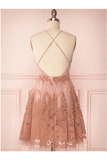 Spaghetti Straps Short Pink Homecoming Dress Criss Cross Back HD0095 - Tirdress