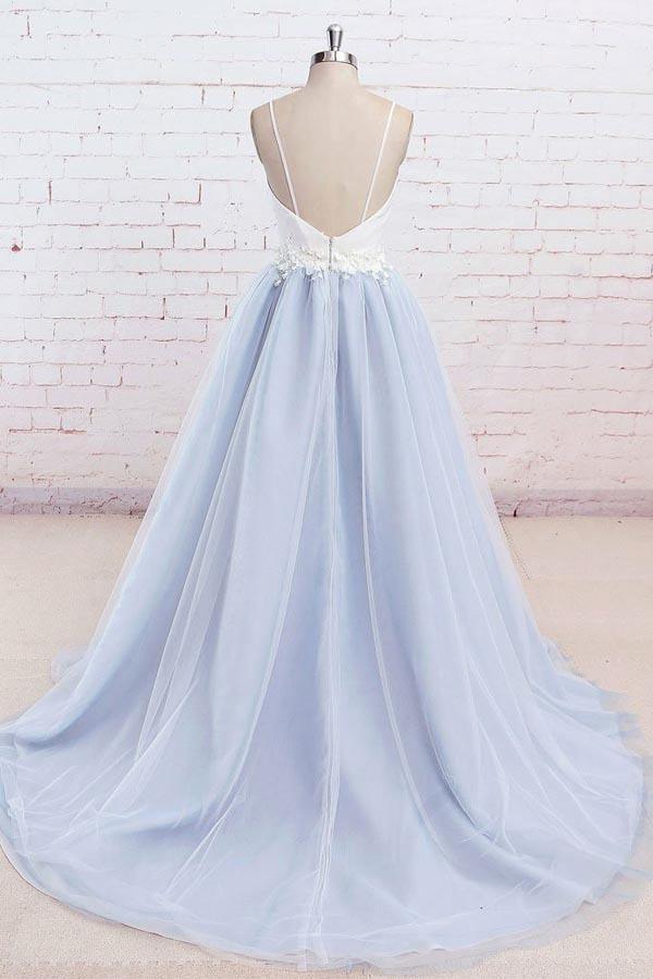 Spaghetti Straps Sweep Train Backless Lavender Tulle Prom Dress PG498 - Tirdress